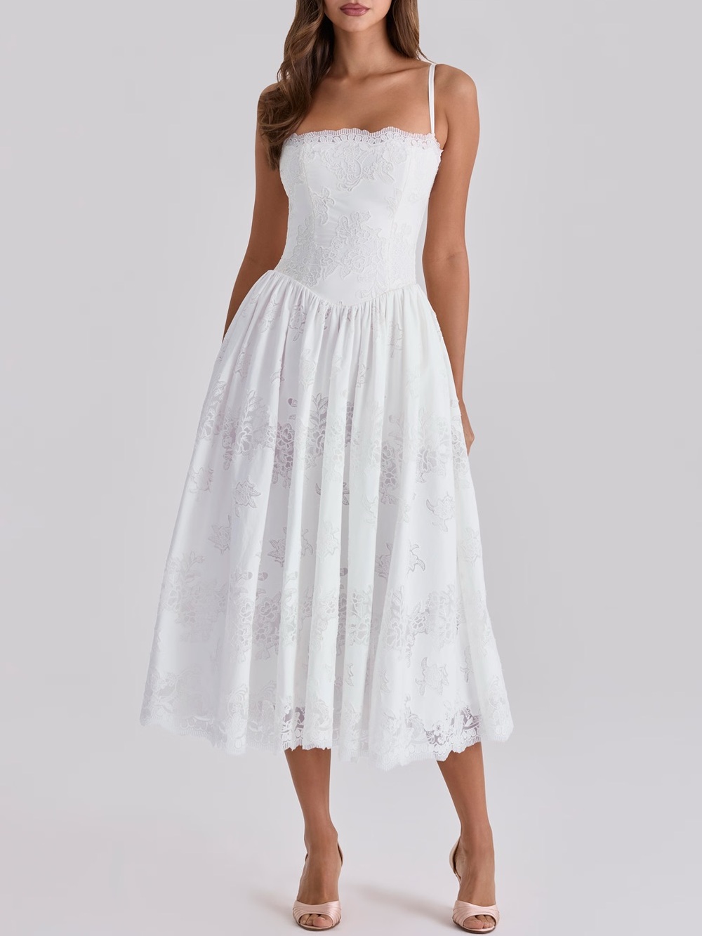 House of CB CHLOE White Custom Lace Cotton Midi Sundress M cup A/C NWOT